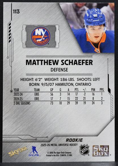 2025-26 SkyBox Metal Universe Matthew Schaefer 113 New York Islanders RC 9133