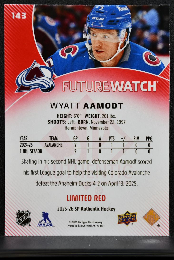 2025-26 SP Authentic Future Watch Limited Red Wyatt Aamodt 143 Avalanche RC 2027