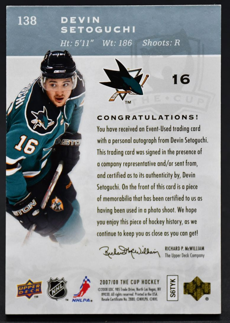 2007-08 UD The Cup Authographed Rookie Devin Setoguchi 138 RC Auto 162/249 Patch