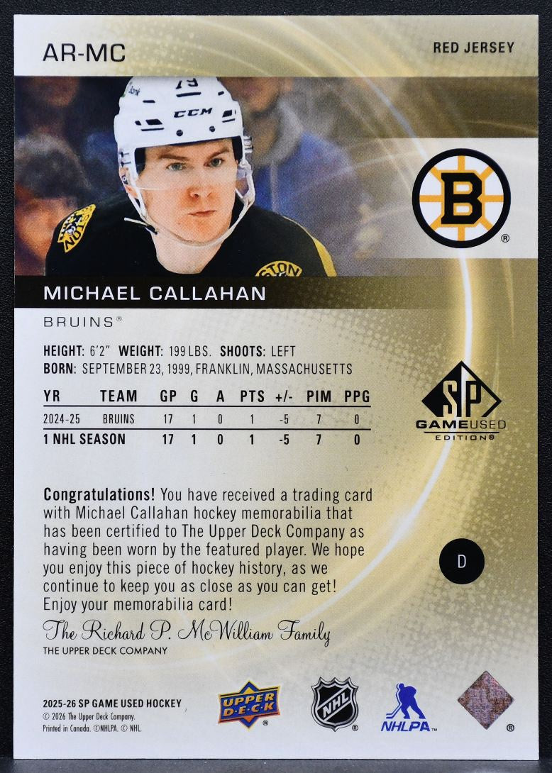 2025-26 SP Game Used Red Jersey Michael Callahan AR-MC Bruins RC Jersey 8078