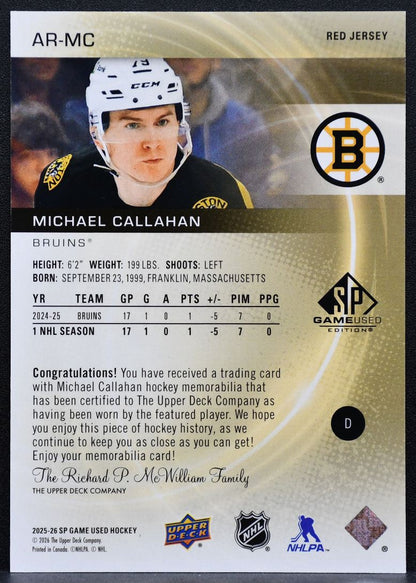 2025-26 SP Game Used Red Jersey Michael Callahan AR-MC Bruins RC Jersey 8078