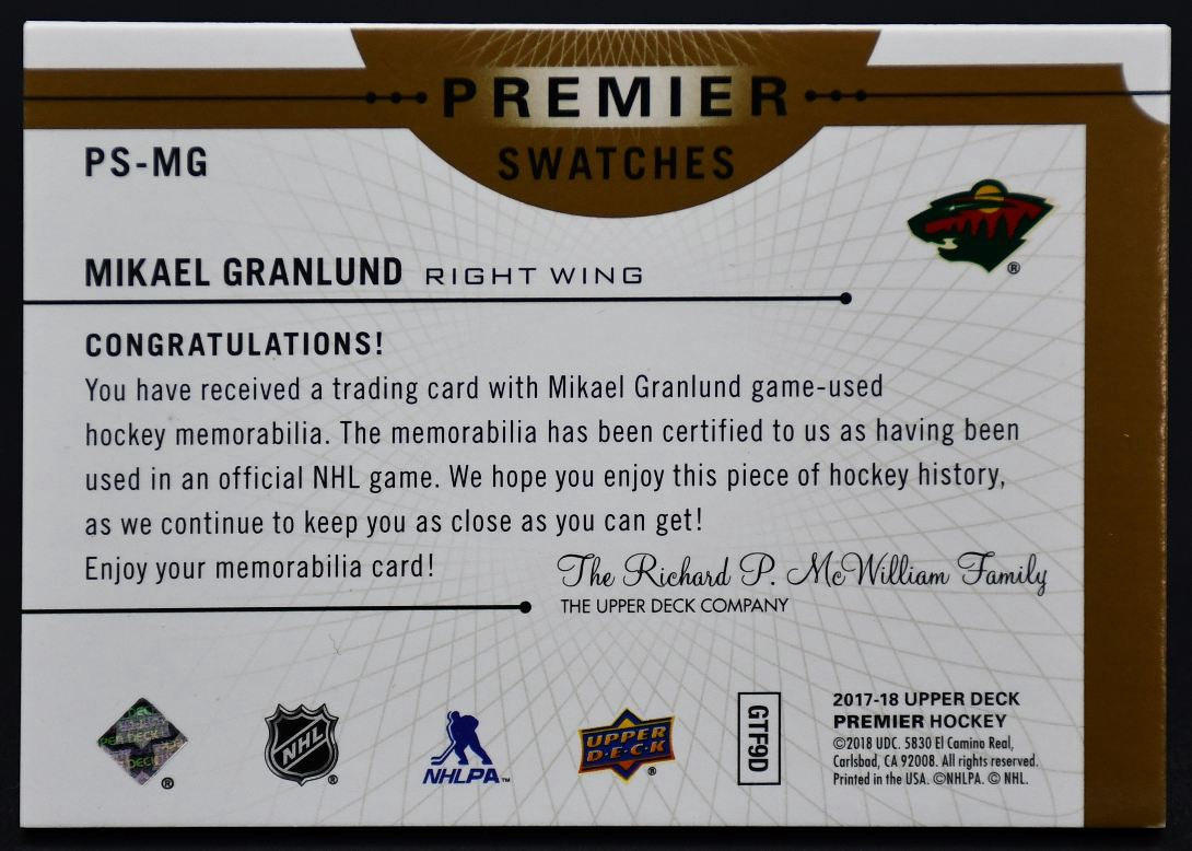 2017-18 UD Premier Swatches Premium Materials Relics Granlund PS-MG 08/40 Patch