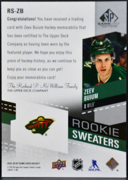 2025-26 SP Game Used Rookie Sweaters Zeev Buium RS-ZB Wild RC /299 Jersey 5546
