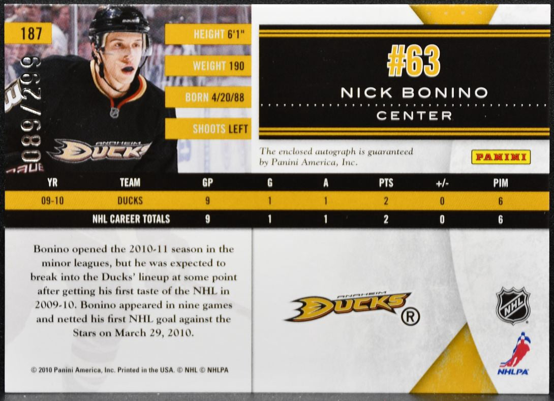 2010-11 Panini Phenom Rookie Nick Bonino 187 Ducks RC Auto /299 Patch 4979