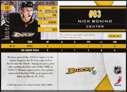 2010-11 Panini Phenom Rookie Nick Bonino 187 Ducks RC Auto /299 Patch 4979