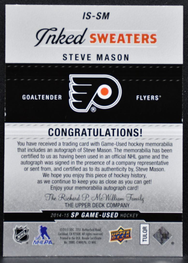 2014-15 SP Game Used Inked Sweaters Steve Mason Flyers Auto 29/99 Jersey 3678
