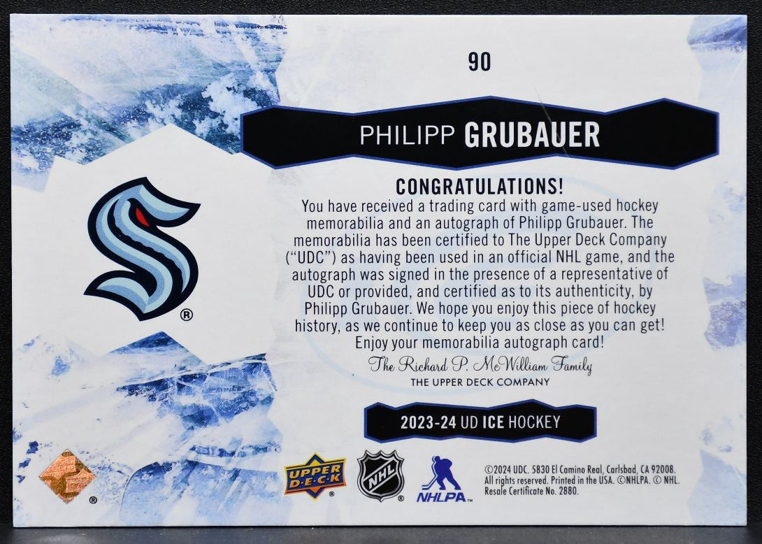 2023-24 Upper Deck Ice Gold Auto Patch Philipp Grubauer Kraken Auto Patch 7859