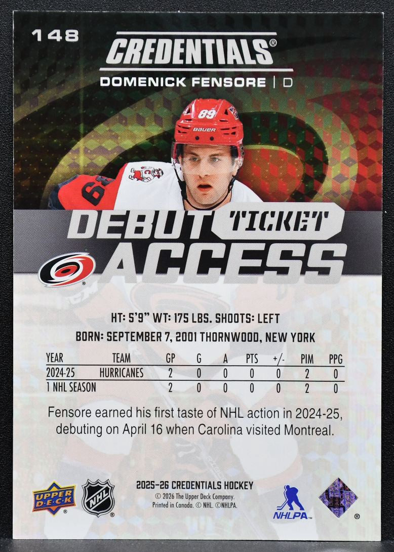 2025-26 UD Credentials Debut Ticket Access Domenick Fensore Hurricanes RC 6569