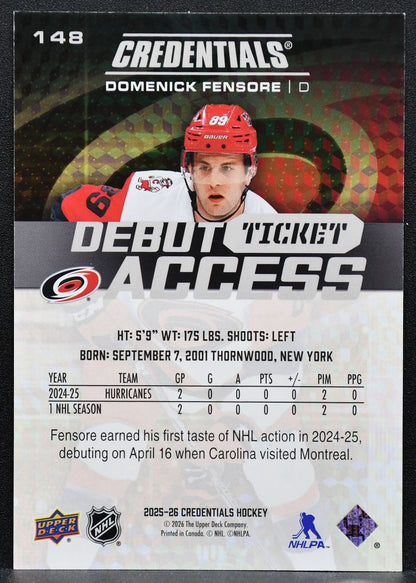 2025-26 UD Credentials Debut Ticket Access Domenick Fensore Hurricanes RC 6569