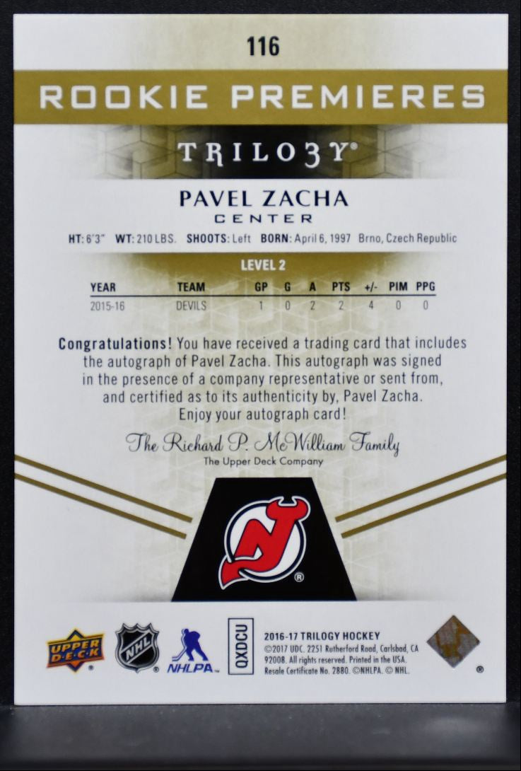 2016-17 UD Trilogy Rookie Premieres Level 2 Auto Zacha RC Auto 159/275 2721