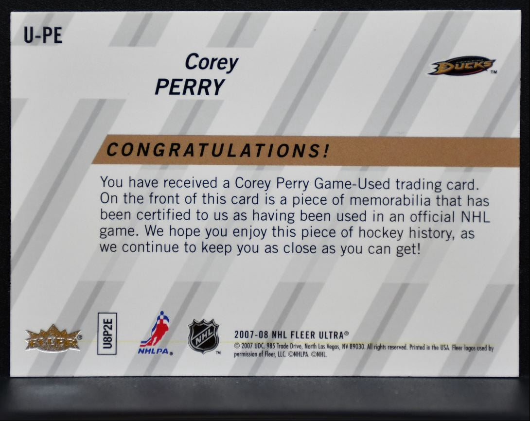2007-08 Fleer Ultra Uniformity Corey Perry U-PE Anaheim Ducks Jersey 6538