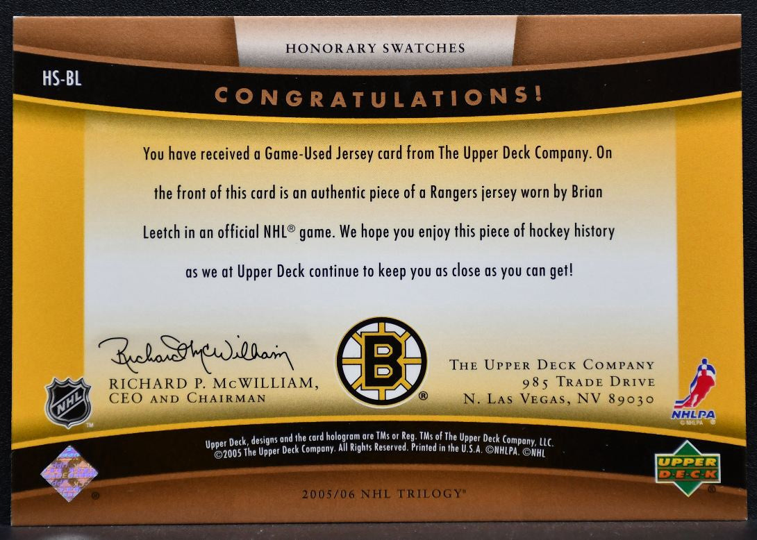 2005-06 Upper Deck Trilogy Honorary Swatches Brian Leetch Bruins Jersey 0752
