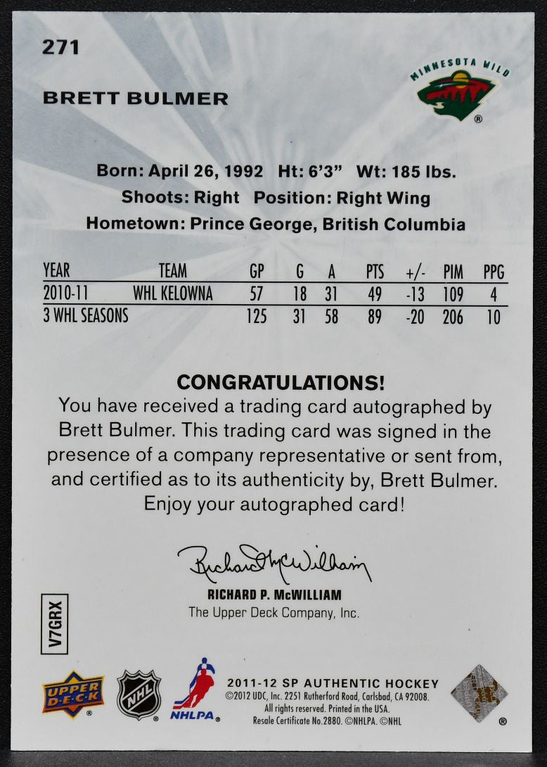 2011-12 SP Authentic Future Watch Brett Bulmer 271 Wild RC Auto 632/999 2193