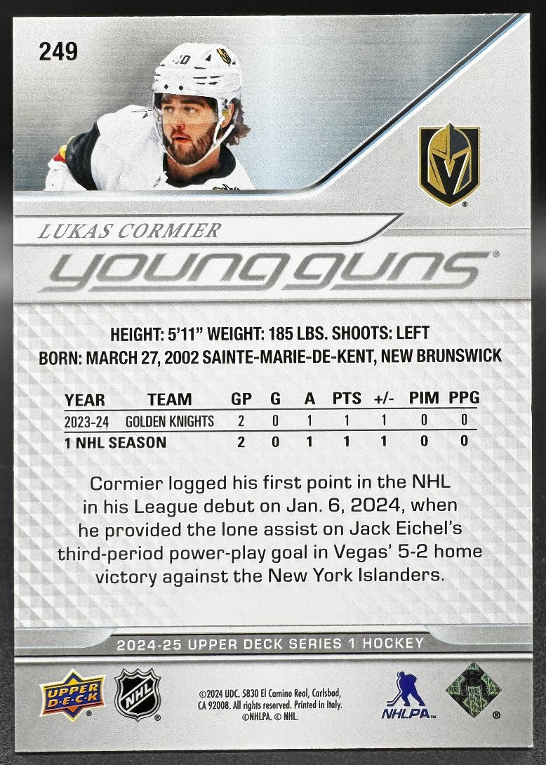 2024-25 UD Young Guns Lukas Cormier 249 Vegas Golden Knights RC /100
