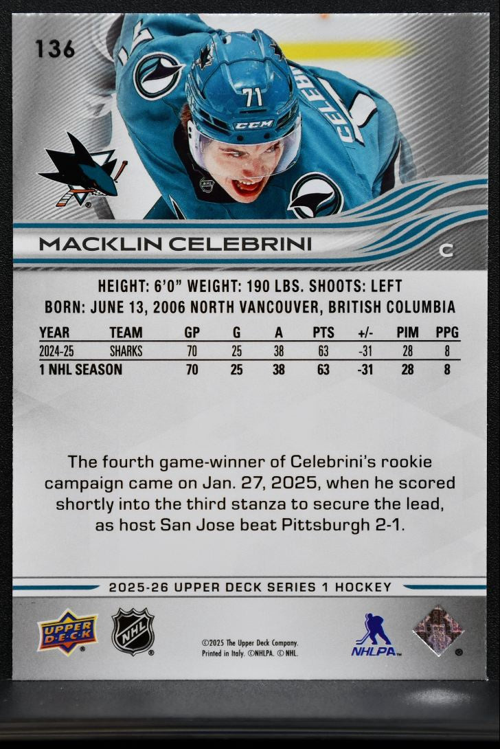 2025-26 Upper Deck Series 1 Macklin Celebrini 136 San Jose Sharks 4120
