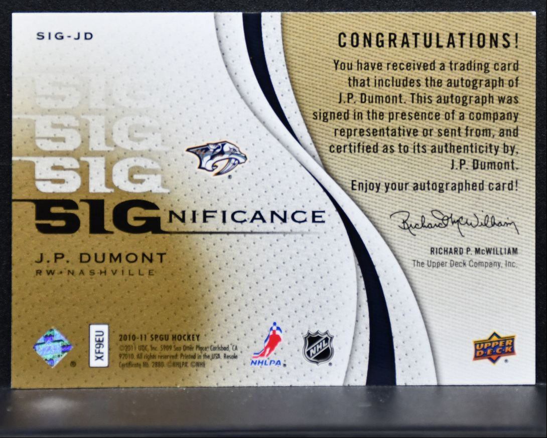 2010-11 SP Game Used Significance J.P. Dumont SIG-JD Predators Auto 08/50 1175