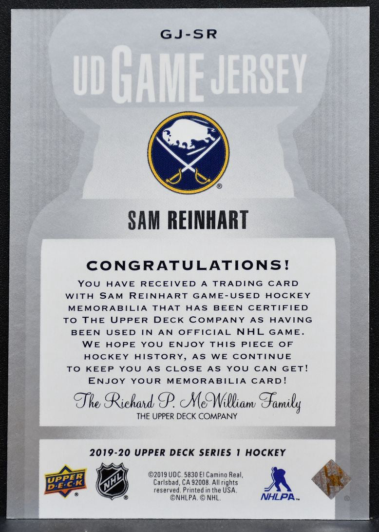 2019-20 Upper Deck Series 1 UD Game Jersey Sam Reinhart GJ-SR Sabres Jersey 8018