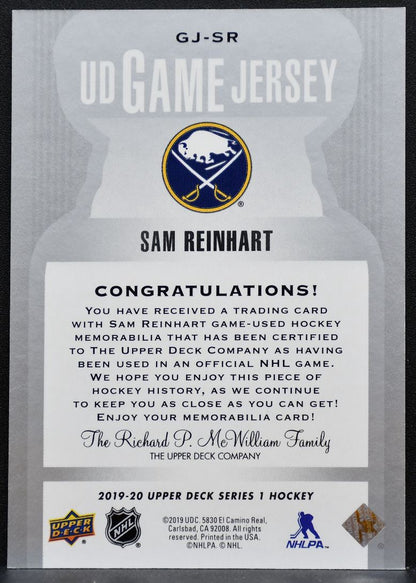 2019-20 Upper Deck Series 1 UD Game Jersey Sam Reinhart GJ-SR Sabres Jersey 8018