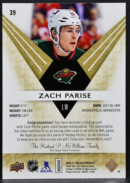 2016-17 UD Trilogy Green Career Stat Relics Rainbow Foil Zach Parise Jersey 0772