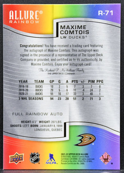 2021-22 Upper Deck Allure Full Rainbow Auto Maxime Comtois R-71 Ducks Auto 0178