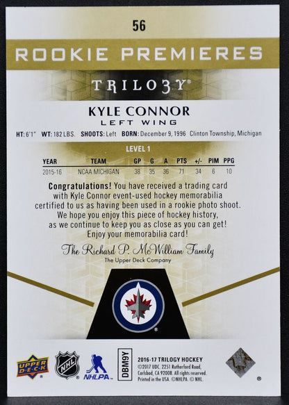 2016-17 UD Trilogy RC Premieres Level 1 Jersey Kyle Connor Jets RC /399 Jersey 4350