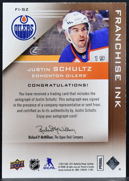 2013-14 UD Edmonton Oilers Collection Franchise Ink Justin Schultz Auto 0695