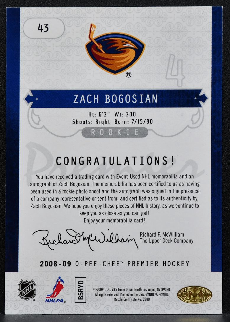 2008-09 O-Pee-Chee Premier Rookie Signature Zach Bogosian RC Auto 0897