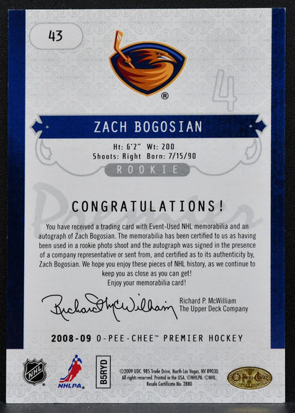 2008-09 O-Pee-Chee Premier Rookie Signature Zach Bogosian RC Auto 0897
