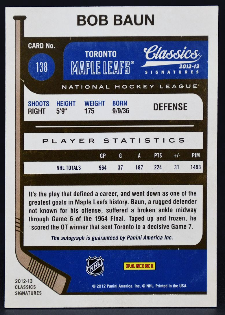 2012-13 Panini Classics Signatures Bob Baun 138