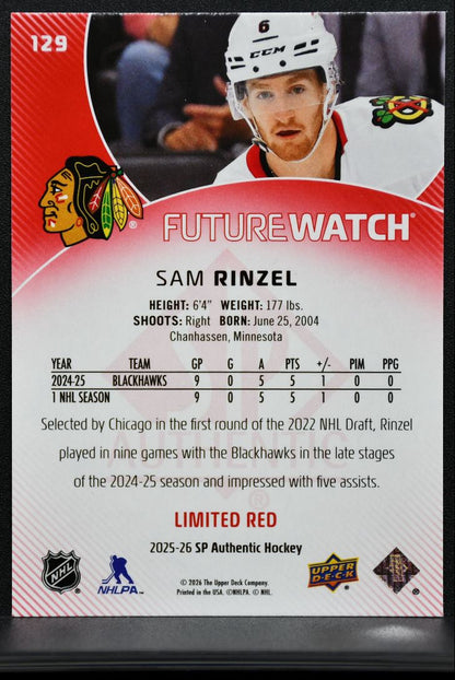 2025-26 SP Authentic Future Watch Limited Red Sam Rinzel 129 Blackhawks RC 3062