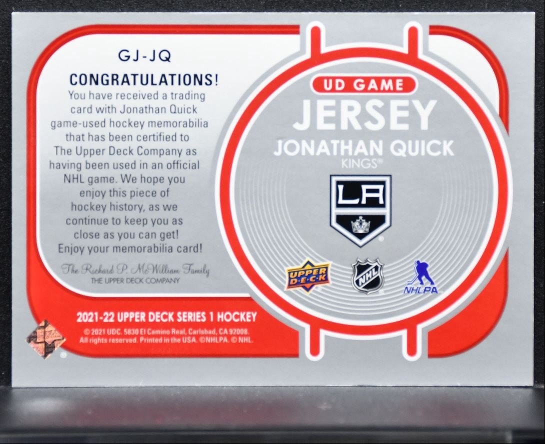 2021-22 Upper Deck Series 1 UD Game Jersey Jonathan Quick Kings Jersey 4923