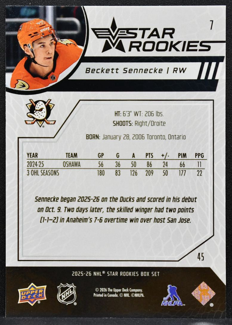 2025-26 Upper Deck NHL Star Rookies Box Set Beckett Sennecke 7 Ducks RC 6166