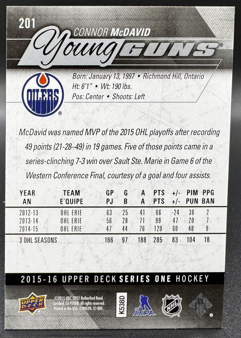 2015-16 UD Young Guns Connor McDavid 201 Edmonton Oilers RC