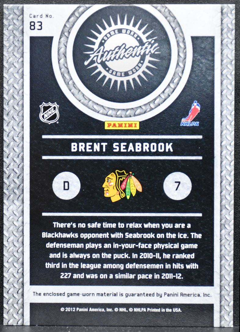 2011-12 Panini Titanium Game-Worn Gear Brent Seabrook 83 Blackhawks Jersey 8297