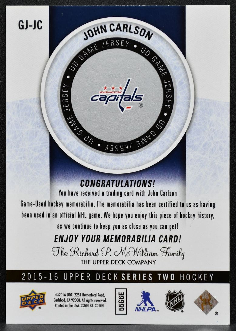 2015-16 UD Series 2 UD Game Jerseys John Carlson GJ-JC Capitals Jersey 2516