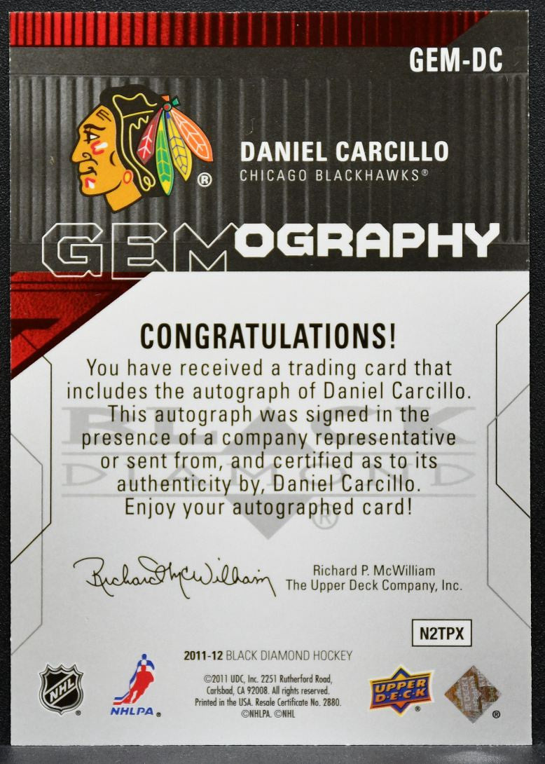 2011-12 Upper Deck Black Diamond Gemography Daniel Carcillo Blackhawks Auto 7149