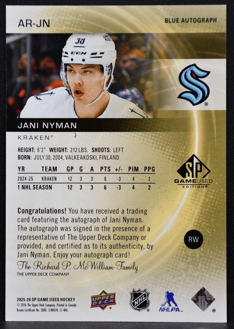 2025-26 SP Game Used Authentic Rookies Blue Auto Jani Nyman AR-JN RC Auto 1166