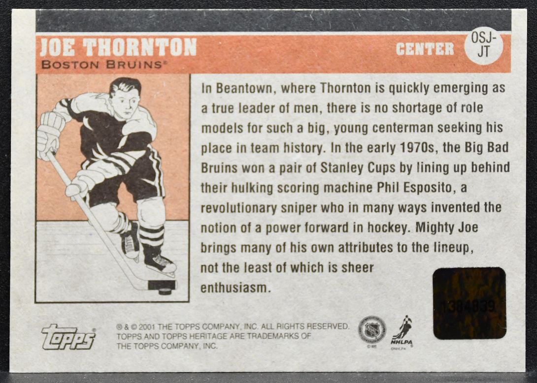 2001-02 Topps Heritage The Original Six Jersey Joe Thornton Bruins Jersey 9776