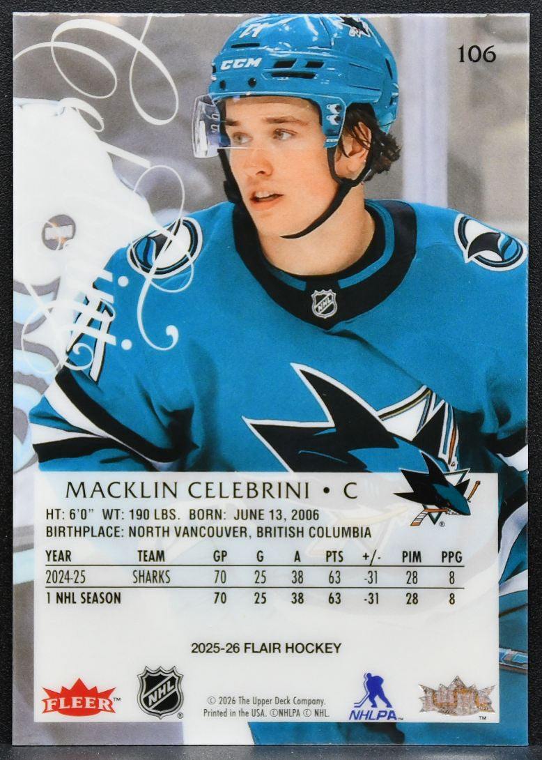 2025-26 Flair Macklin Celebrini 106 San Jose Sharks 4254
