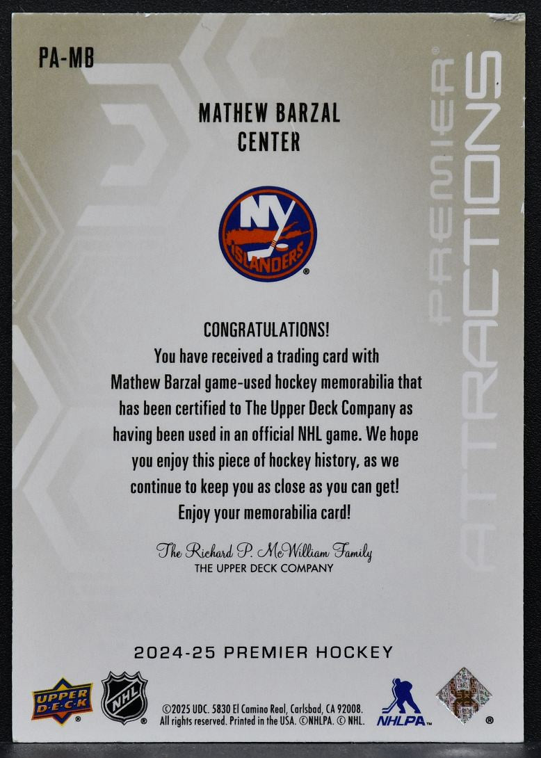 24-25 UD Premier Attractions Jersey Barzal PA-MB New York Islanders /99 Jersey 7574