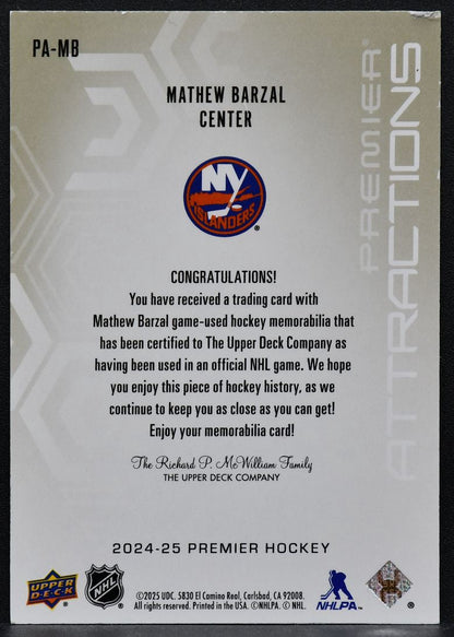 24-25 UD Premier Attractions Jersey Barzal PA-MB New York Islanders /99 Jersey 7574
