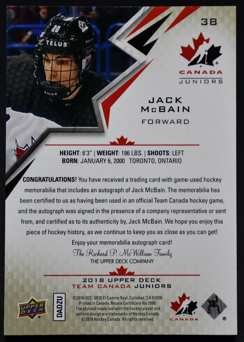 Écusson autographié de l'équipe junior canadienne UD 2018-2019, Jack McBain, numéro 38, numéro 127/199