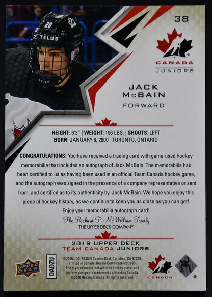 Écusson autographié de l'équipe junior canadienne UD 2018-2019, Jack McBain, numéro 38, numéro 127/199