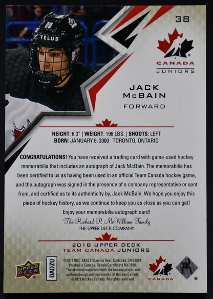 2018-19 UD Team Canada Juniors Auto Patch Jack McBain 38 Auto 127/199 Patch