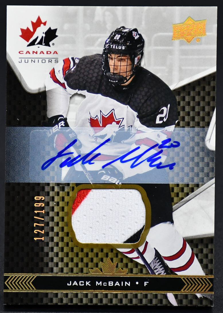 Écusson autographié de l'équipe junior canadienne UD 2018-2019, Jack McBain, numéro 38, numéro 127/199