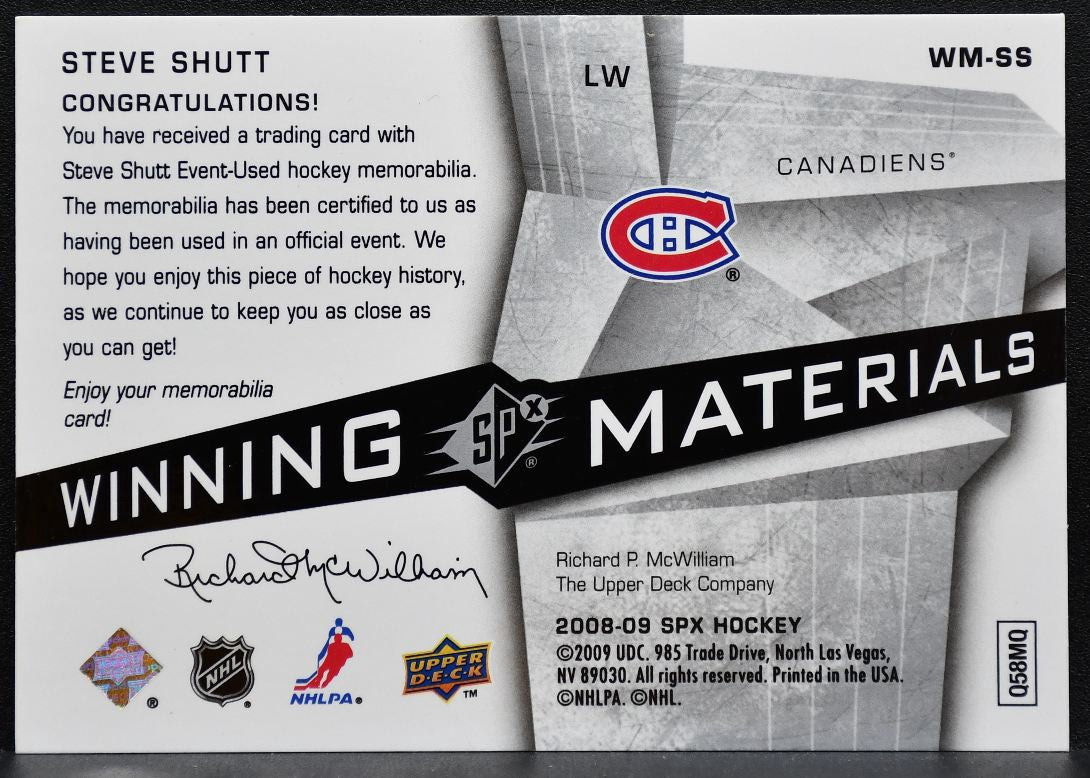 2008-09 SPx Winning Materials Steve Shutt WM-SS Montreal Canadiens Jersey 0486