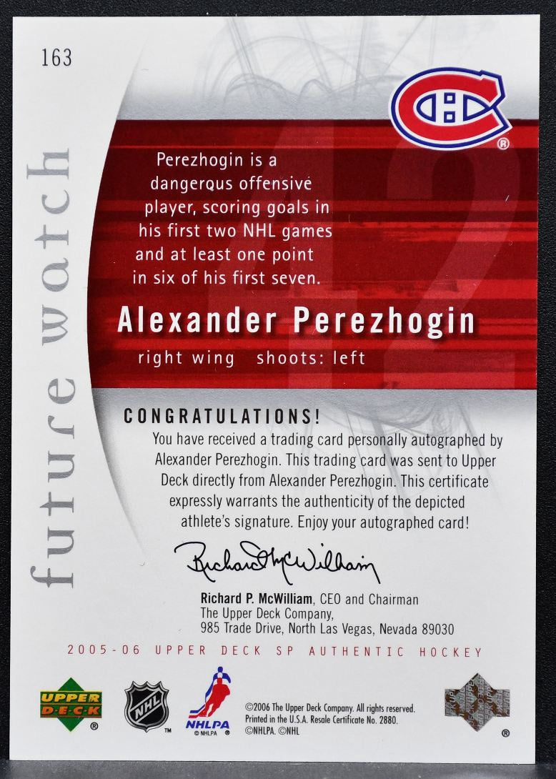 2005-06 SP Authentic Future Watch Auto Alexander Perezhogin RC Auto 0262