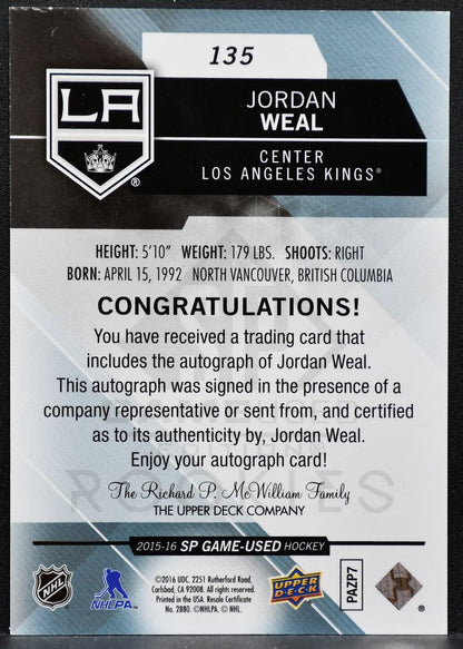 2015-16 SP Game Used Authentic Rookies Jordan Weal 135 Kings Auto 9433