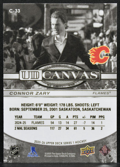 2025-26 Upper Deck Series 1 UD Canvas Black Connor Zary C-33 Calgary Flames 9164