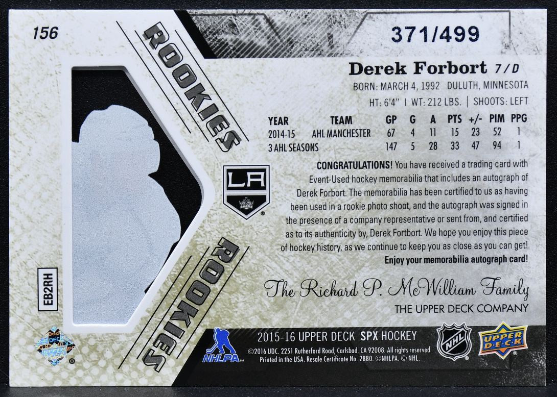 2015-16 SPx Rookie Auto Jersey Derek Forbort 156 RC Auto 371/499 Jersey 0251